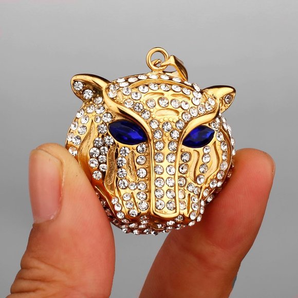 "Gold Diamond Blue Eye Panther Stainless Steel Pendant Necklace, GP1231067 - Picture 4 of 8